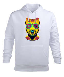 Renkli gözlüklü havalı köpek Beyaz Erkek Kapüşonlu Hoodie Sweatshirt