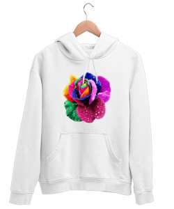 Renkli Gül Beyaz Unisex Kapşonlu Sweatshirt