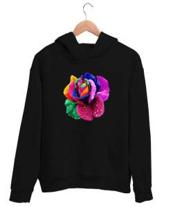 Renkli Gül Siyah Unisex Kapşonlu Sweatshirt