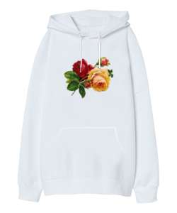 Renkli Güller - Roses Beyaz Oversize Unisex Kapüşonlu Sweatshirt