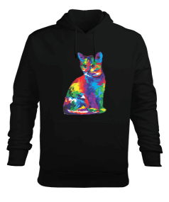 Renkli Kedi Baskılı Erkek Kapüşonlu Hoodie Sweatshirt