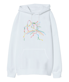 Renkli Kedi Desenli Oversize Unisex Kapüşonlu Sweatshirt