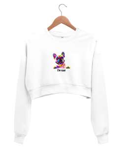 Renkli köpek tasarımlı Beyaz Kadın Crop Sweatshirt