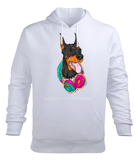 Renkli Kulaklıklı Müzik Dinleyen Sempatik Doberman Köpek Beyaz Erkek Kapüşonlu Hoodie Sweatshirt