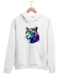 Renkli Leopar Beyaz Unisex Kapşonlu Sweatshirt