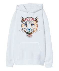 Renkli leopar çizim Oversize Unisex Kapüşonlu Sweatshirt