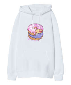 Renkli lezzetli ısırılmış donutlar Beyaz Oversize Unisex Kapüşonlu Sweatshirt