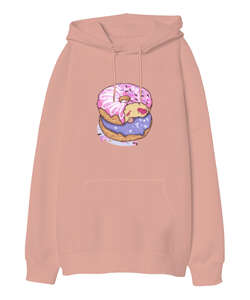 Renkli lezzetli ısırılmış donutlar Yavru Ağzı Oversize Unisex Kapüşonlu Sweatshirt