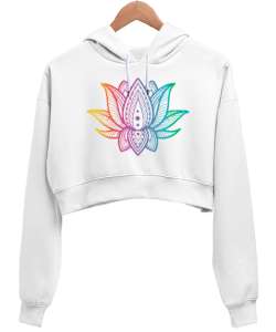 Renkli Lotus Beyaz Kadın Crop Hoodie Kapüşonlu Sweatshirt