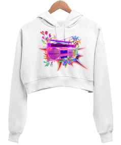 Renkli Radyom Kadın Crop Hoodie Kapüşonlu Sweatshirt