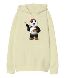 Ressam Panda Krem Oversize Unisex Kapüşonlu Sweatshirt