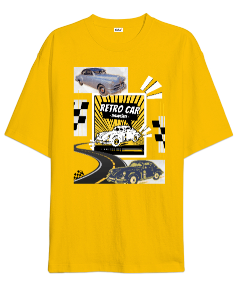 Tisho - Retro Car - Enthusiast / Özel Tasarım Sarı Oversize Unisex Tişört