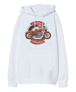 RETRO MOTORCYCLE Beyaz Oversize Unisex Kapüşonlu Sweatshirt