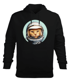 Retro Space Cat Baskılı Siyah Erkek Kapüşonlu Hoodie Sweatshirt