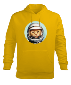 Retro Space Cat Uzay Kedisi Baskılı Sarı Erkek Kapüşonlu Hoodie Sweatshirt