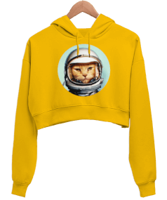 Retro Space Cat Uzay Kedisi Baskılı Sarı Kadın Crop Hoodie Kapüşonlu Sweatshirt