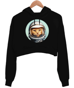 Retro Space Cat Uzay Kedisi Baskılı Siyah Kadın Crop Hoodie Kapüşonlu Sweatshirt