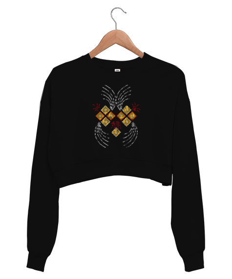 Rhine Stone Art - Sanatsal Elmas Süsleme Siyah Kadın Crop Sweatshirt