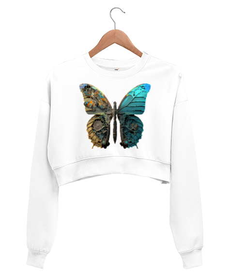 robotik kelebek Beyaz Kadın Crop Sweatshirt