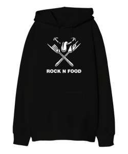 Rock And Food Siyah Oversize Unisex Kapüşonlu Sweatshirt