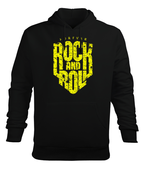 Rock and Roll Forever Baskılı Siyah Erkek Kapüşonlu Hoodie Sweatshirt