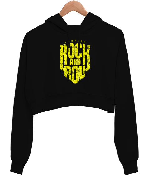 Rock and Roll Forever Baskılı Siyah Kadın Crop Hoodie Kapüşonlu Sweatshirt