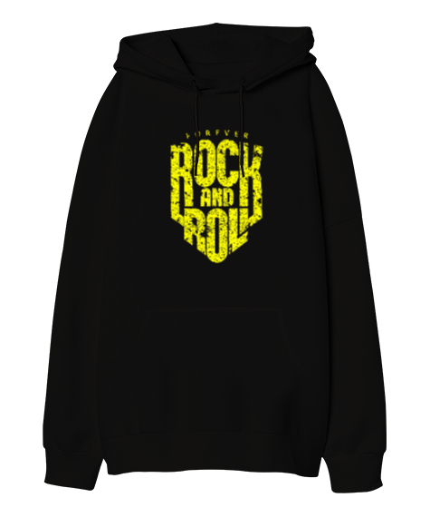 Rock and Roll Forever Baskılı Siyah Oversize Unisex Kapüşonlu Sweatshirt