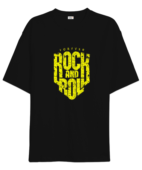 Rock and Roll Forever Baskılı Siyah Oversize Unisex Tişört