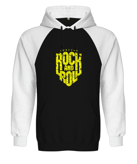 Rock and Roll Forever Baskılı Siyah/Beyaz Orjinal Reglan Hoodie Unisex Sweatshirt