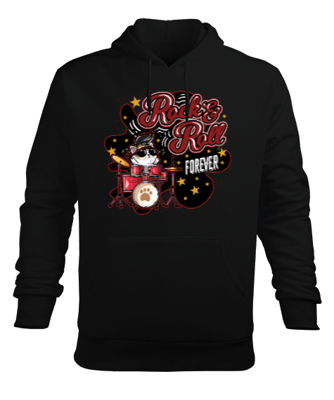 Rock and Roll Forever Kedi Baskılı Siyah Erkek Kapüşonlu Hoodie Sweatshirt