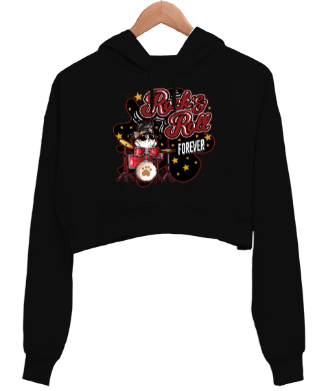 Rock and Roll Forever Kedi Baskılı Siyah Kadın Crop Hoodie Kapüşonlu Sweatshirt