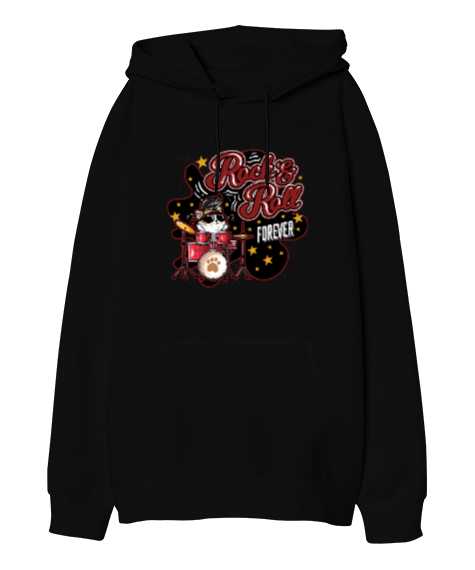 Rock and Roll Forever Kedi Baskılı Siyah Oversize Unisex Kapüşonlu Sweatshirt