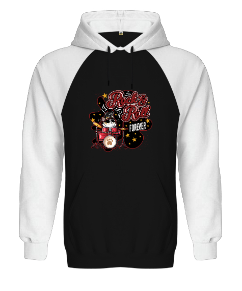 Rock and Roll Forever Kedi Baskılı Siyah/Beyaz Orjinal Reglan Hoodie Unisex Sweatshirt