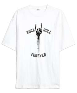 Rock And Roll Forever - Skeleton Hand Guitar - Rock And Roll - İsklet El Beyaz Oversize Unisex Tişört