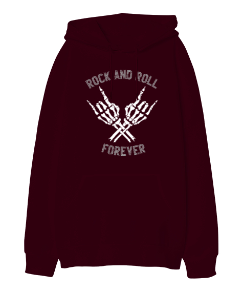 Rock And Roll Forever V1 Bordo Oversize Unisex Kapüşonlu Sweatshirt