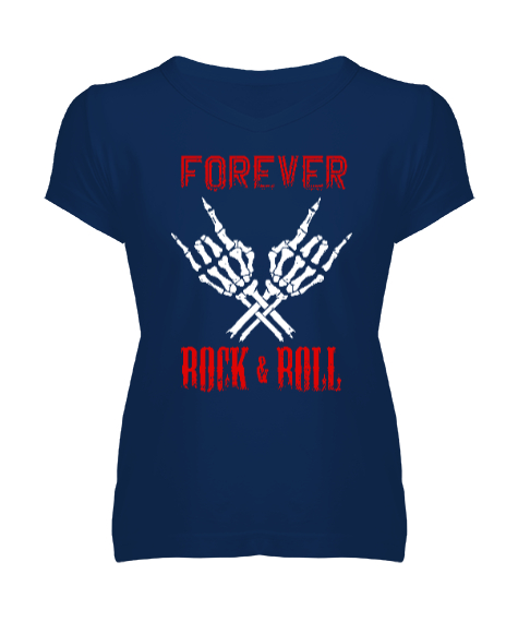 Rock And Roll Forever V2 Lacivert Kadın V Yaka Tişört