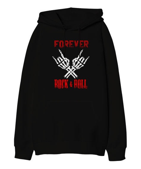 Rock And Roll Forever V2 Siyah Oversize Unisex Kapüşonlu Sweatshirt