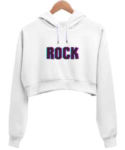 Rock Baskılı Beyaz Kadın Crop Hoodie Kapüşonlu Sweatshirt