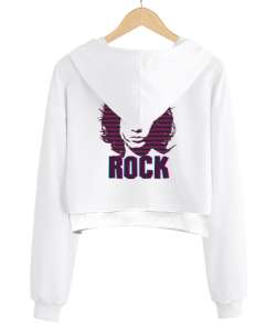 Rock Baskılı Beyaz Kadın Crop Hoodie Kapüşonlu Sweatshirt