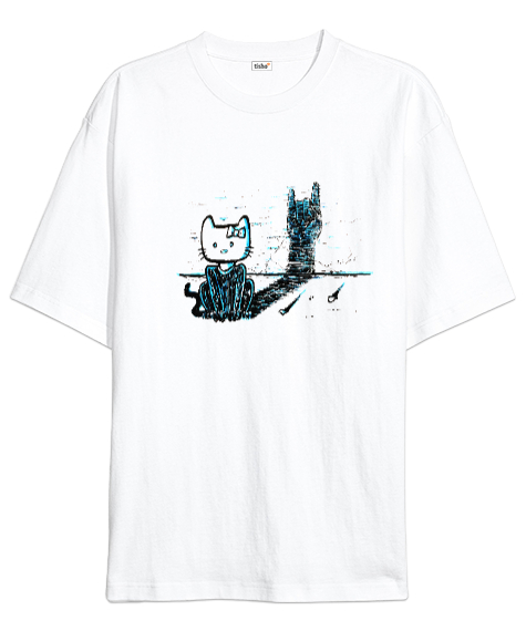 Rock Cat - Rock N Roll Kedi Beyaz Oversize Unisex Tişört