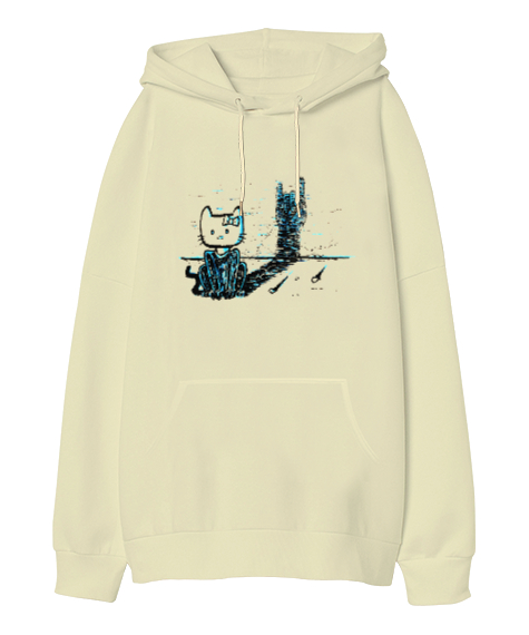 Rock Cat - Rock N Roll Kedi Krem Oversize Unisex Kapüşonlu Sweatshirt