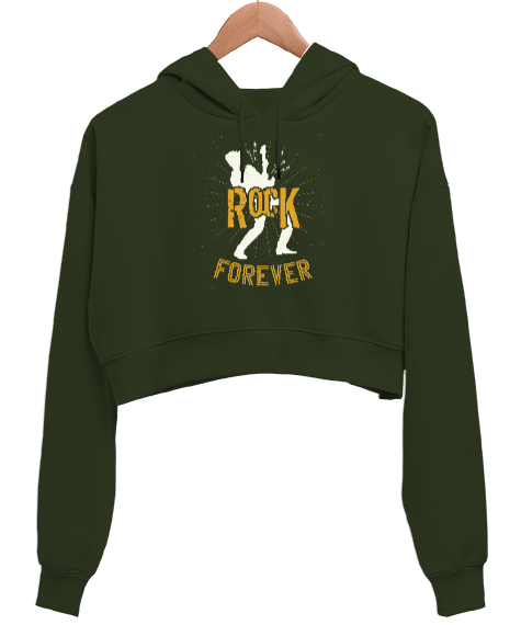 Rock Forever Haki Yeşili Kadın Crop Hoodie Kapüşonlu Sweatshirt