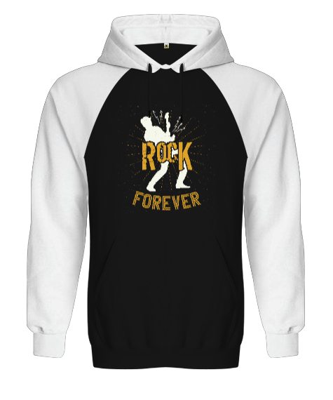 Rock Forever Siyah/Beyaz Orjinal Reglan Hoodie Unisex Sweatshirt