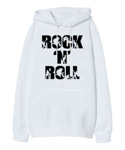 Rock N Roll Beyaz Oversize Unisex Kapüşonlu Sweatshirt