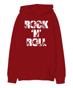 Rock N Roll Kırmızı Oversize Unisex Kapüşonlu Sweatshirt