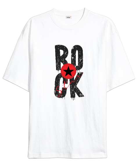 Tisho - Rock Star - Rock N Roll Beyaz Oversize Unisex Tişört