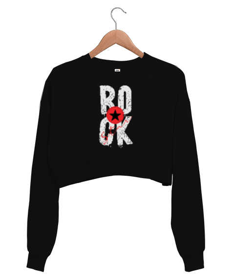 Tisho - Rock Star - Rock N Roll Siyah Kadın Crop Sweatshirt