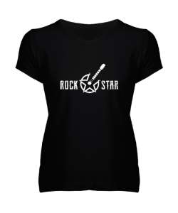 Rock Star - Yıldız Siyah Kadın V Yaka Tişört