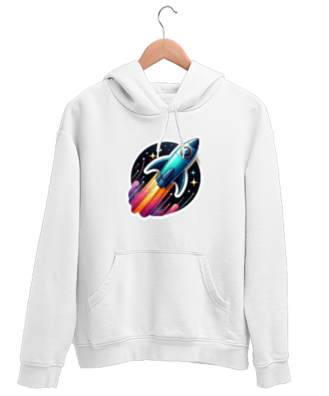 Tisho - Roket Beyaz Unisex Kapşonlu Sweatshirt