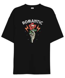 Romantik İskelet - Gül ve Göz Siyah Oversize Unisex Tişört